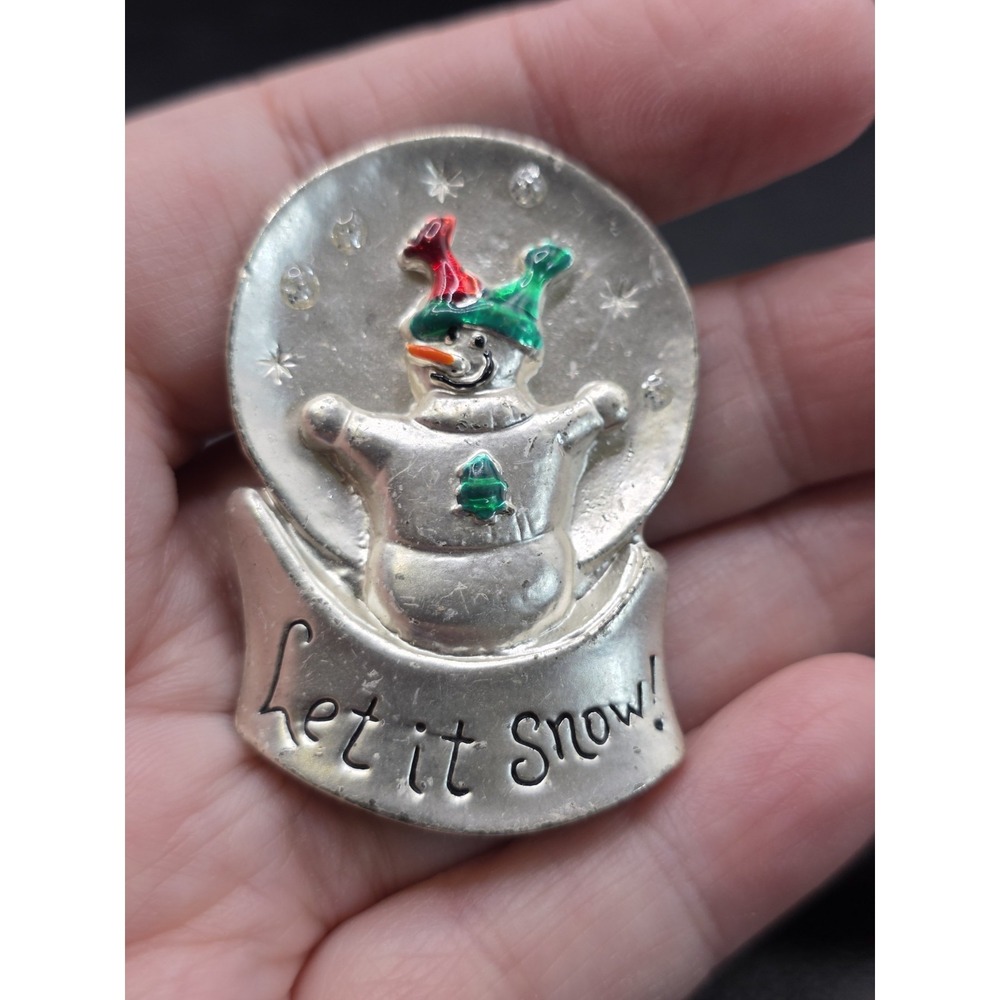 Let It Snow brooch pin. Metal alloy, enamel